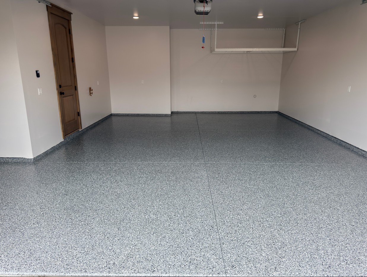 Garage & Patio Coating Installation in McCall, ID | Premium Epoxy Garage Floor & Blue Granite Hybrid Flake Patio